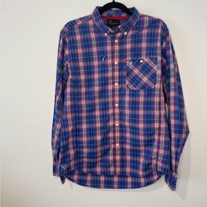 Peak Performance Plaid Button-Down Shirt Men’s Large Red Blue Outdoor Hiking